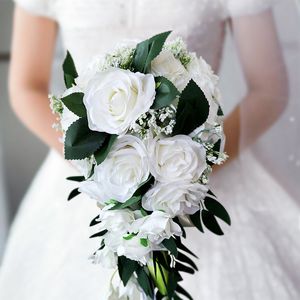gelin buketleri mor güller toptan satış-Gül Mor Beyaz Gelin Çiçek Buketi Düğün Aksesuarları Kristaller Yapay Nedime Gelin El Broş Çiçekler Holding