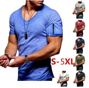 v boyun t shirt tasarımları toptan satış-Erkek T Shirt Renkler Erkek T Shirt V Yaka Streç T shirt Katı Renk Fermuar Tasarım Kısa Kollu Dipnoth Gömlek Rahat Giysileri S XL