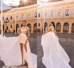Wholesale champagne low wedding dresses for sale - Group buy 2020 Short Vintage Beach Wedding Dresses with Overskirt Chiffon Sheer Lace Champagne Fitted High Low Bridal Gowns