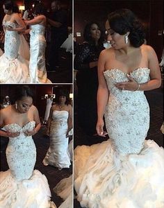 2021 Sexiga sjöjungfru bröllopsklänningar Sweetheart Lace Appliques Crystal Beaded Ruffles med avtagbara tågformella plusstorlek Brudklänningar