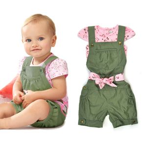 bebek kemer takım toptan satış-Kısa kollu çocuklar adet set flroal t shirt askı kemer bebek kız elbise sevimli bebek yaz giysileri
