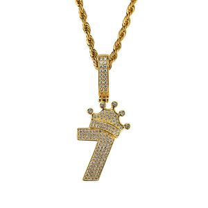 colares de corrente de ouro real venda por atacado-Hip hop coroa número diamantes pingente colares para homens mulheres números colar de luxo banhado a ouro real de cobre zircões cadeia presente de aniversário