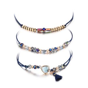 Elegant design Handgjord vävd blå sladd Färgglada kristallpärlsträngar Armband