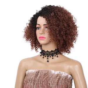 kısa kinky saç peruk toptan satış-Afro Kinky Kıvırcık Kısa Sigara Kadınlar Siyah Ombre Rengi Doğal Afro Saç Ücretsiz Nakliye için Sentetik Peruk dantel