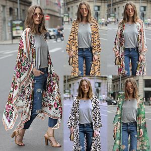 S XL Floral Gedrukt Kimono Blouses Shirt Damesmode Lange Vest Tops Zomer Casual Beach Boheemse Chiffon Bikini Badmode Cover UPS
