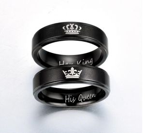 anillo de dedo rey reina al por mayor-Promesa de acero inoxidable amor Anillo de dedo color negro su reina su rey Crown Crown Couple Anillos Regalo de amante Joyería de boda