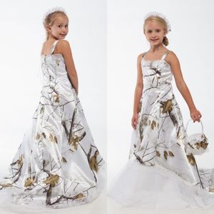 白い現実の木の迷彩のレースの花の女の子のドレス注文の幼児子供の正式な結婚式は迷彩サテンの誕生日パーティーガウン