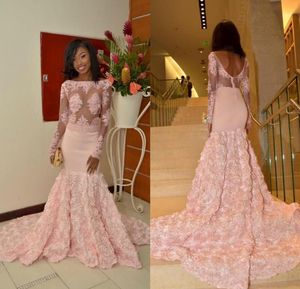 2019 New Pink Mermaid Evening Dresses bateau backless sheer Long Sleeves Saudi Arabic Style Prom Gowns Hot Sale Formal Pageant Dress