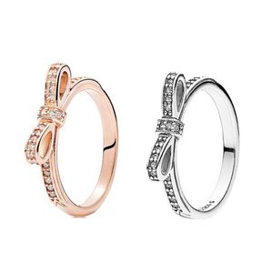 laços de anéis venda por atacado-925 Sterling Silver Sparkling Bow Ring Set Caixa Original para Pandora Grão Mulheres Casamento CZ Diamante Bowknot K Rose Gold Rings W156