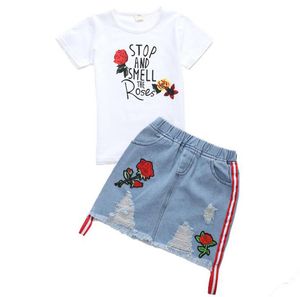 2019 Summer Toddler Kids Girls Bomull Toppar T Shirt Rose Broderade Jeans Kjol Kläder Ställ flicka Outfits för ÅR Y190518