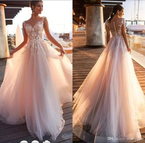 2020 New Beach Country Lace Appliques A Line Wedding Dresses Sheer Scoop Neck Tulle Covered Button Tulle Long Bridal Wedding Gowns on Sale