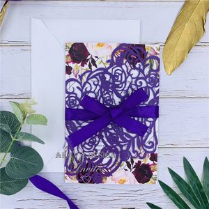 Wholesale birthday wedding cards resale online - Unique Purple Bloom laser cut wedding invitations With Bowtie Elegant floral Laser Cut Card