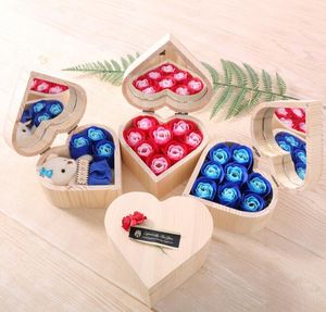 Wholesale made rose for sale - Group buy Heart Shape Wooden Box Rose Flower Colorful Bouquet Hand Made Rose Flower Soaps With Mirror Box For Valentine Day Gift GGA3062