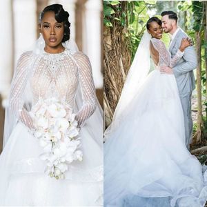 Wholesale long veil wedding dresses for sale - Group buy African Sexy Wedding Dresses with Veil Plus Size Lace Long Sleeve Bridal Gowns Beaded Crystals Backless Sweep Train robes de mariée