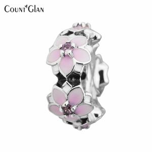 2017 Spring Magnolia Bloom Spacer Charms Bead Sterling Silver Enamel Pink CZ Flower Stopper Beads For Jewelry Making
