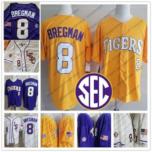 NCAA LSU Tigers Alex Bregman College Baseball Jersey Lila Guld Vit Gul Stitched Vintage Men Ungdom Kid Kvinnor Uniform XL