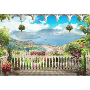 Seaside Villa Balcony Scenic Photography Backdrop Blue Sky and Sea Trees Flowers Nature Landscape Wedding Photo Shoot Background