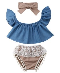 ingrosso ragazza toddlers.-INS neonate Casual attrezzature cute del bambino che coprono insieme Denim Top Lace Tassel Shorts Bow fascia Suits Y1936