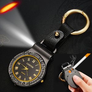 Creative 3 in 1 key chain quartz watch lighter Electric heater cigarette lighter USB Rechargeable cigar Lighter Windproof + led light w0330