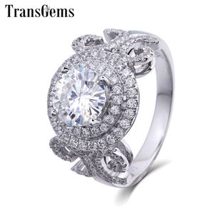 ingrosso white gold halo diamond engagement ring-Transgems Luxury Solid Gold Anello di fidanzamento Centro ct Halo Moissanite Diamond Ring Geniune k Anello in oro bianco per Women Gift Y19032201