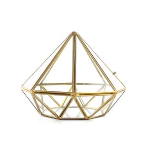 ゴージャスなダイヤモンド形のガラステラリウムポットモダンな幾何学的な真鍮多肉植物プランターミニチュア温室創造的な金属ワイヤー花瓶