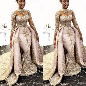 Wholesale gold wedding dress detachable train resale online - New Luxury Sexy Overskirts Mermaid Wedding Dresses Long Sleeves High Neck Gold Lace Appliques Detachable Train Plus Size Formal Bridal Gowns
