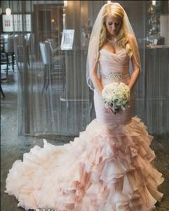 Wholesale mermaid wedding gown crystal sash for sale - Group buy 2018 Country Blush Pink Wedding Dresses Mermaid Sweetheart Sweep Train Bridal Gowns With Crystal Sash Tiered Skirts Organza Wedding Gowns