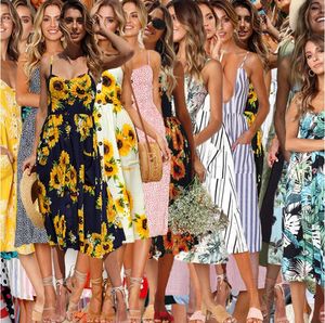 Boho Floral Sleeveless Midi Dresses Styles Women Print Summer V Neck Pockets Pleated Backless Button Dresses LJJO6295