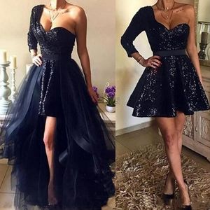 Wholesale long sleeve one shoulder homecoming dresses for sale - Group buy Spakly Navy Blue Sequins Short Prom Dresses With Detachable Overskirt Hi Lo New Sexy One Shoulder Long Sleeve African Homecoming Dress