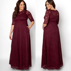 Burgundy Plus Size Lace Evening Dresses Bateau Neck Half Sleeves Prom Gowns Empire Waist A Line Floor Length Formal Dress