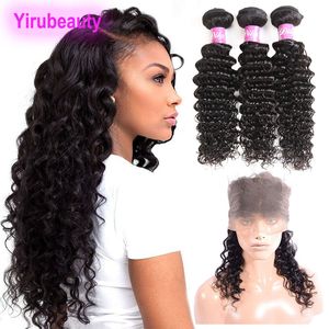 Brazilian Virgin Human Hair Deep Wave Curly Pieces Lace Frontal With Bundles inch Natural Color Hair Extensions