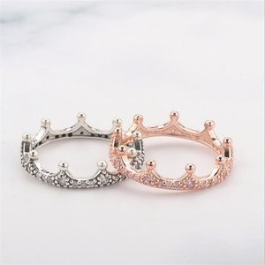 Aldrig blekna retro smycken ren ren sterling silver18k Rose Gold Fill Pave CZ Diamond Promise Women Wedding Crown Band Ring Set