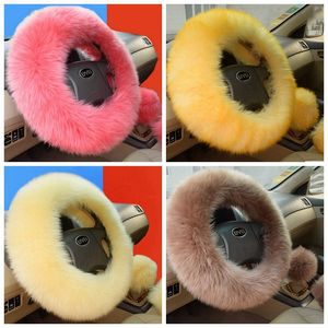 3pcs Set Soft Plush Car Wool Steering Wheel Cover Furry Fluffy Winter Long Plushes Warm Cars Accessory Interior Accessories