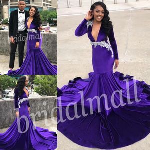 Purple Deep V-Neck Long Sleeves Appliques Mermaid Prom Dress main image 1