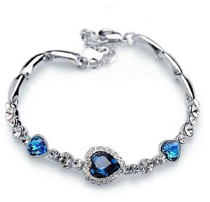 Ocean Blue Bracelets Sliver Plated Crystal Rhinestone Heart Charm Bracelet Bangle Gift Jewelry Charm Bracelets