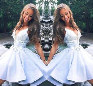 New Cute Light Sky Blue Graduation Homecoming Dress V Neck Lace Applique Ruffles Short Prom Dress Cocktail Party Gowns BC1797
