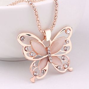 Butterfly Pendant Necklace Crystal Diamond Rose Gold Alloy Charm Pink Necklaces Sweater Chain Kids Women Fashion Jewelry