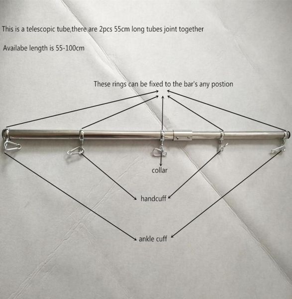 304 Barra de restricción de sexo ajustable de acero inoxidable Barra de fetiche de fetiche de feticias con las manos de los tobillos de los tobillos de metal y tubería BDSM Toys Y206784845