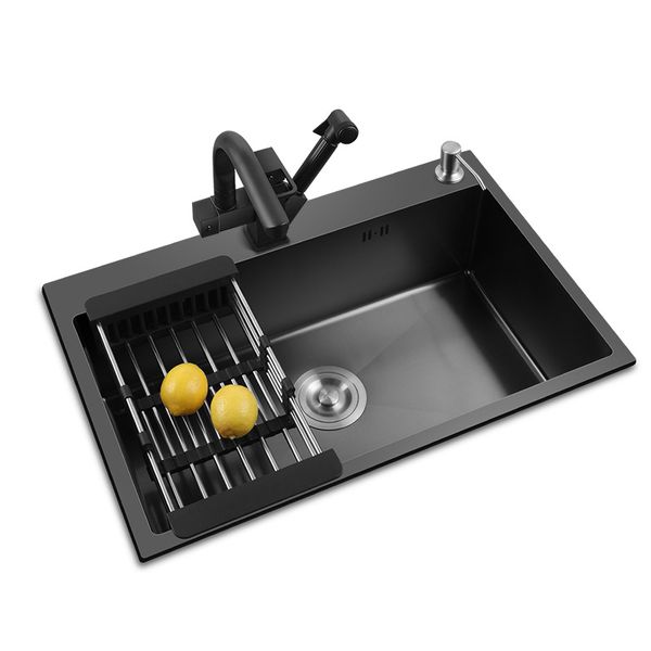 304 fregadero de cocina de acero inoxidable fregadero de cocina nano negro engrosar cuenca de verduras hechas a mano con accesorios de drenaje de grifo