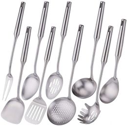 Ensemble d'ustensiles de cuisine en acier inoxydable 304, ensemble d'ustensiles de cuisine en métal Standcn 9 pièces avec fourchette à viande, cuillère solide, louche, écumoire, spatule fendue, cuillère à spaghetti,