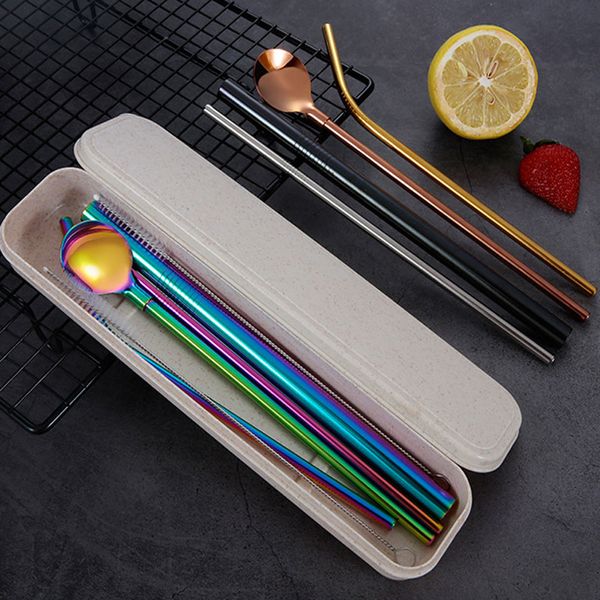 304 acier inoxydable droite plié pailles à boire brosse de nettoyage cuillère 7 pièces/ensemble avec boîte outils de cuisine cadeau de mariage