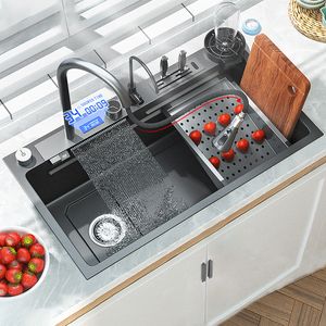 304 Stainless Steel Waterfall Kitchen Sink Digital Display Large Multifunctional Single Sink With Knife Holder