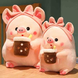304060cm Cosplay Plush Pig Hodling Drink Bubble Tea speelgoed Gevoed Soft Animal Boba Pillow Doll For Girls Ldren Birthday Gift J220729