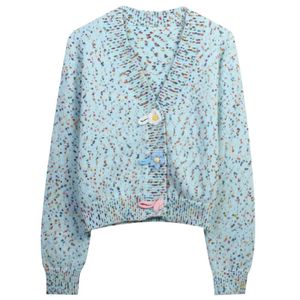 306 2023 marque même Style pull à manches longues bleu femmes chandails col en V Cardigan mode tissu mingmei