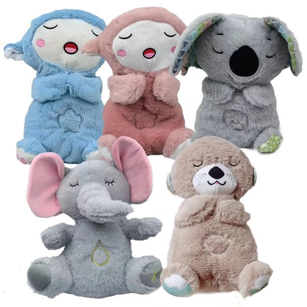 Niños de oso de respiración para bebés de 30 cm para nutrios relajantes juguete de lujoso koala elefante oveja música sleeping compañero acompañante y muñeca ligera 240422
