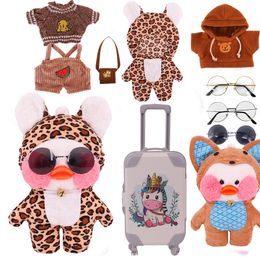 30 cm Lalafanfan jaune canard en peluche animaux vêtements série marron Kawaii mignon sweat à capuche pull sac lunettes coiffure enfants cadeaux 231228