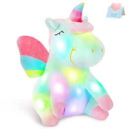 30 cm LED Light Music Unicorn Plush Toy Soft en schattige groene en roze verlichting gevuld met dierenjarig verjaardagscadeau Luminous Toy 240424