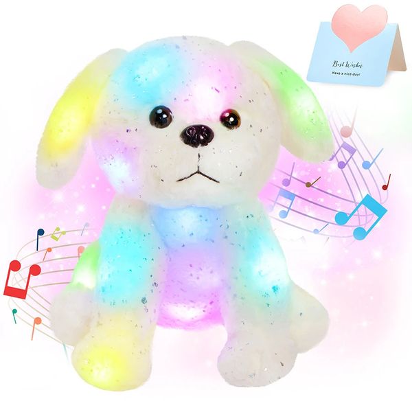 30 cm Poupée de chien blanche musical LED Lumineux Animal en peluche Plux de lapin Hair Gilded Dog Glowing Light Up Gifts for Kids Girls 240419