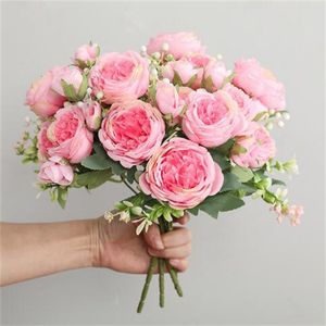 Bouquet de pivoines en soie Rose 30cm, fleur artificielle, 5 grandes têtes, 4 petits bourgeons, décoration de maison de mariage pour mariée, artificielle GC2315