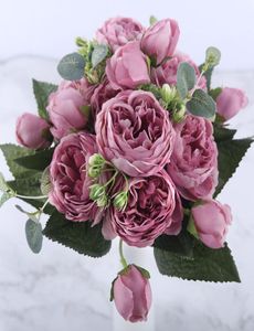 30 cm Rose Rose Soie Pivoine Fleurs Artificielles Bouquet 5 Grosse Tête et 4 Bourgeon Fausses Fleurs Pas Cher Pour La Décoration De Mariage À La Maison Intérieur2192673